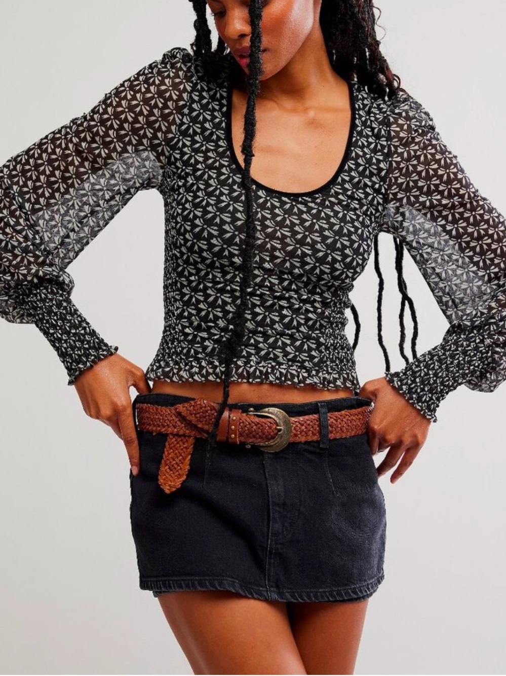 Free People Black and White Floral-Print Smocked Blouse
